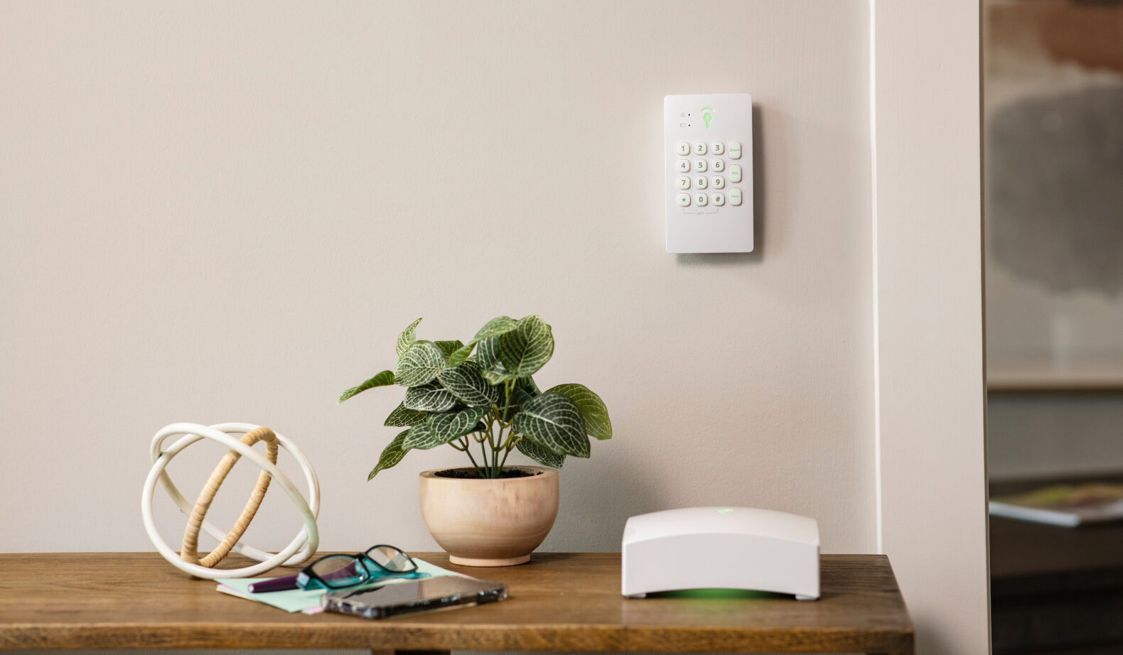 office space with plant, glasses, phone on desk and security pad on wall