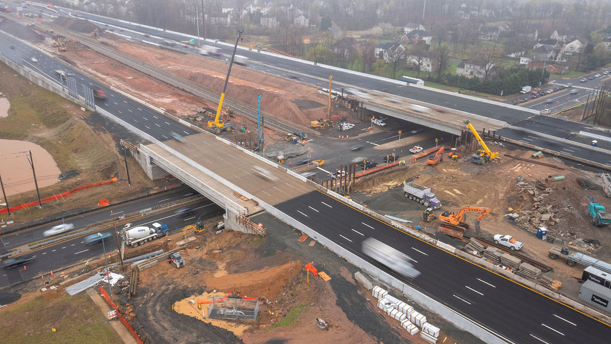 Overhead landscape of highway construction site