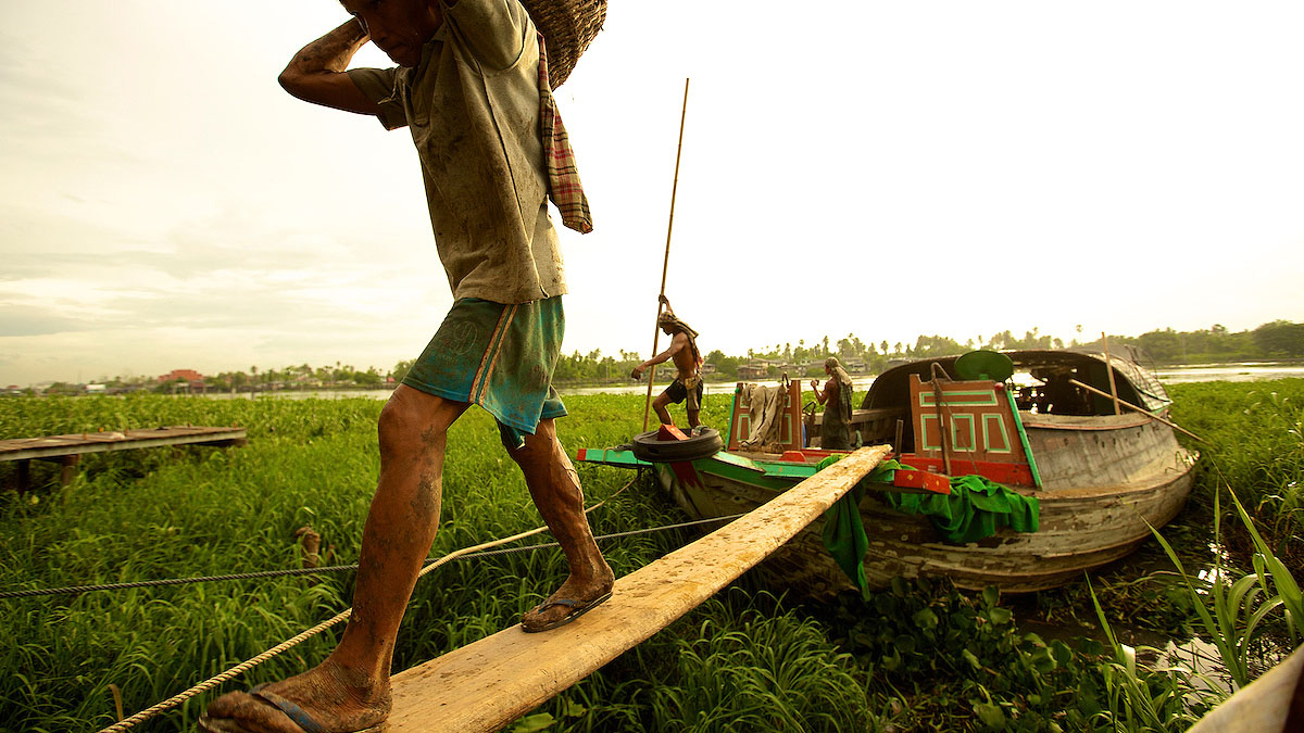 workers on boat in green covered swamp