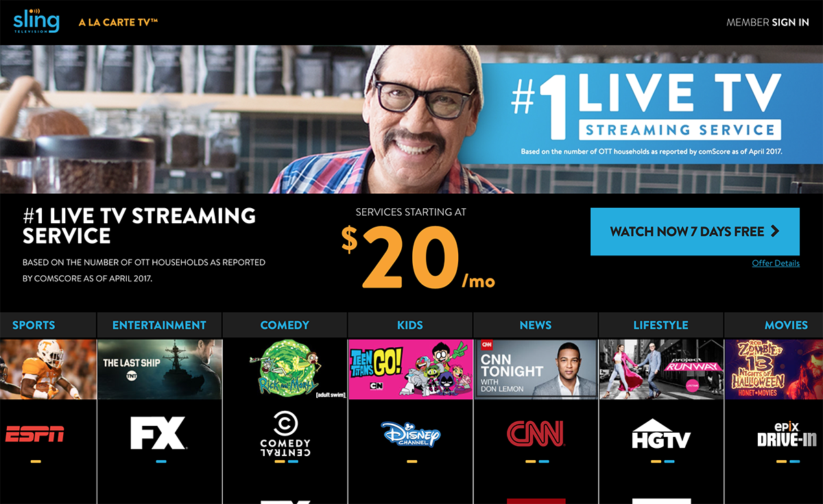 advertising screenshot of Sling TV marketing page