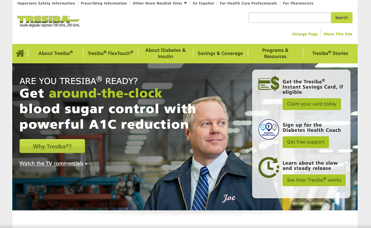 screenshot of tresiba website homepage