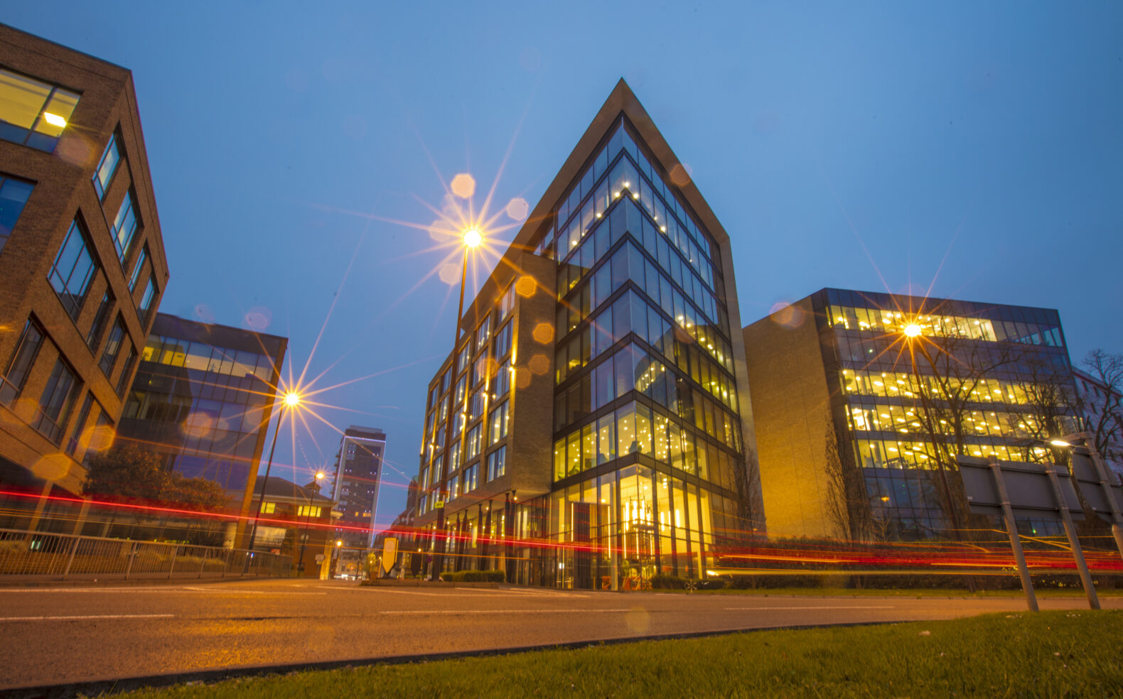 landscape of corporate headquarters at night